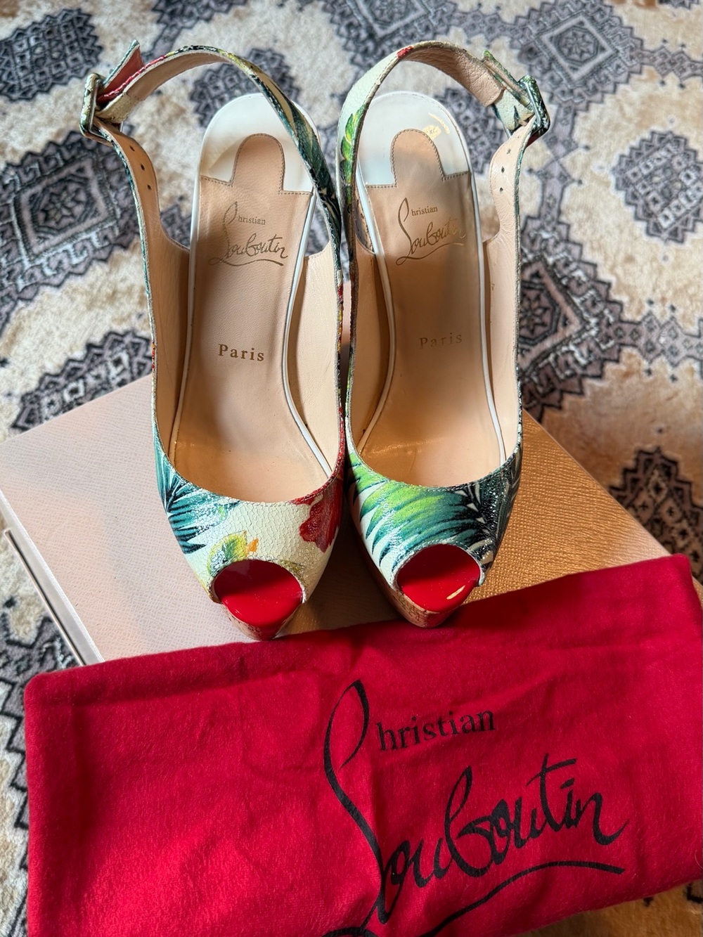 Christian Louboutin Floral Peep-Toe Slingback Heels in Multicolor - Picture 2 of 8